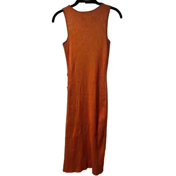 Olive & Oak Ribbed Rust Orange Maxi Dress with Side Buttons Sleeveless E58 - Picture 4 of 8